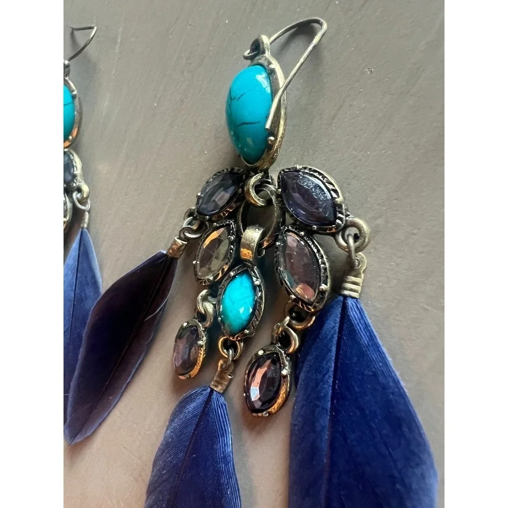 Boho Western Feather Earrings Turquoise Look Stone Chandelier Dangle‎ Cowgirl
